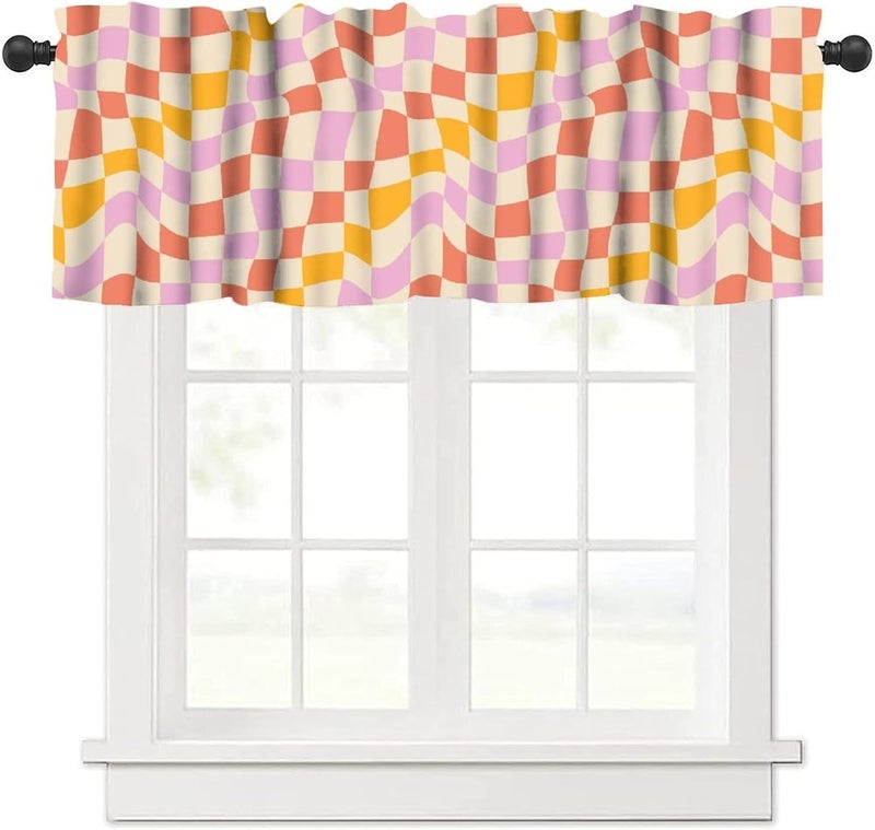 JanJCurt Hippie Checkered Window Valance, Vintage 70s Yellow Pink Red Beige Groovy Checkered Geometric Blackout Short Curtain Valance for Kitchen Bedroom Livingroom, 54x18inch - Image 1